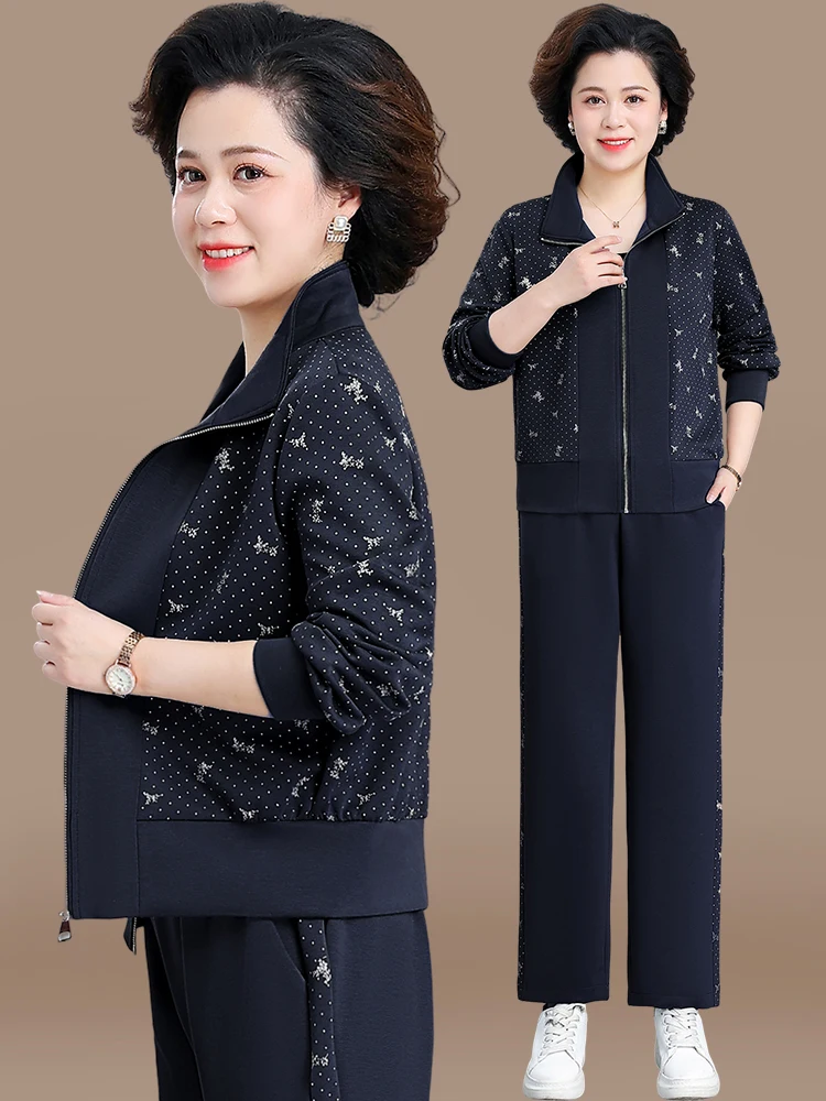 

Spring Faion Sportswear Set Women's 40-50 Years Old Two-Piece Suit Casual Sle Zipper Closure Loose Fit Long Pants