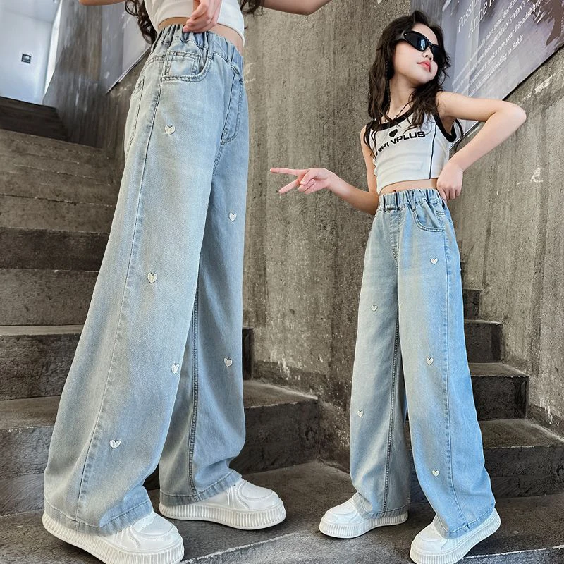 Girls Love Embroidered Jeans Spring Summer High Waist Wide Leg Straight Denim Pants Thin Casual Children Trousers