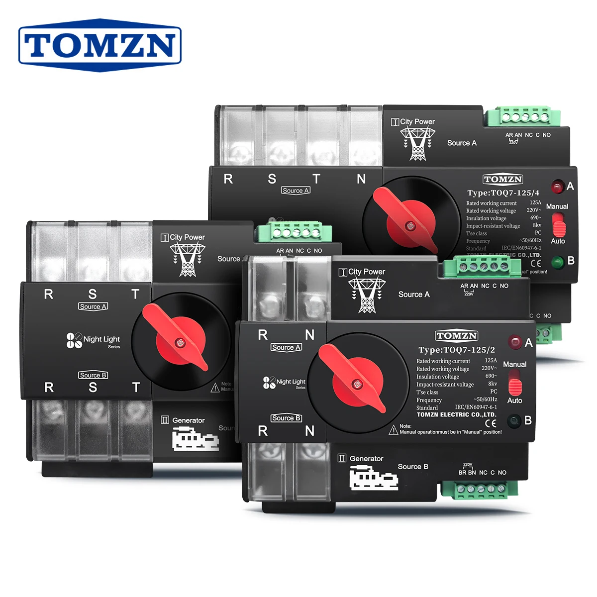 

TOMZN Din Rail 3 phase 2P3P4P 63A 100A 125A 230V Dual Power Automatic Transfer Electrical Selector Switch Uninterrupted ATS NEW