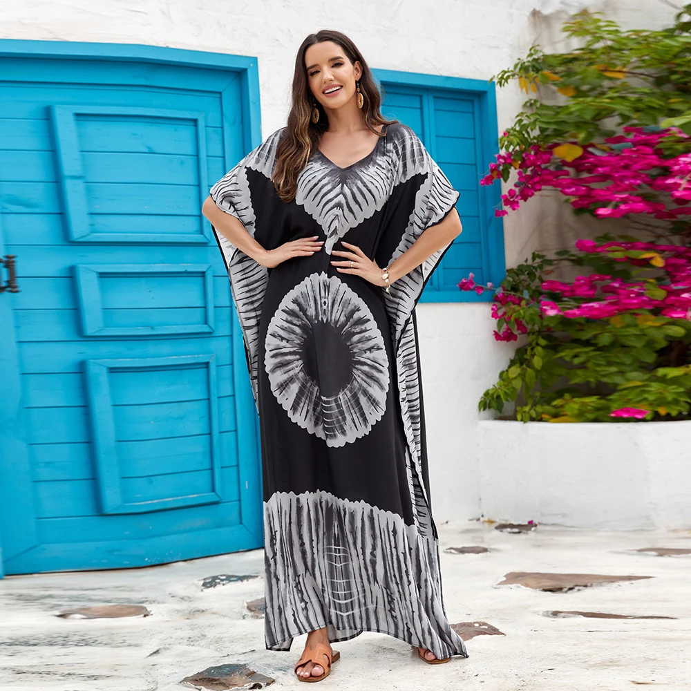 Plus Size Boho Cover Up, damska Plus wydruk graficzny rękaw w kształcie skrzydła nietoperza luźna, z wycięciem sukienka Kaftan Cover Up