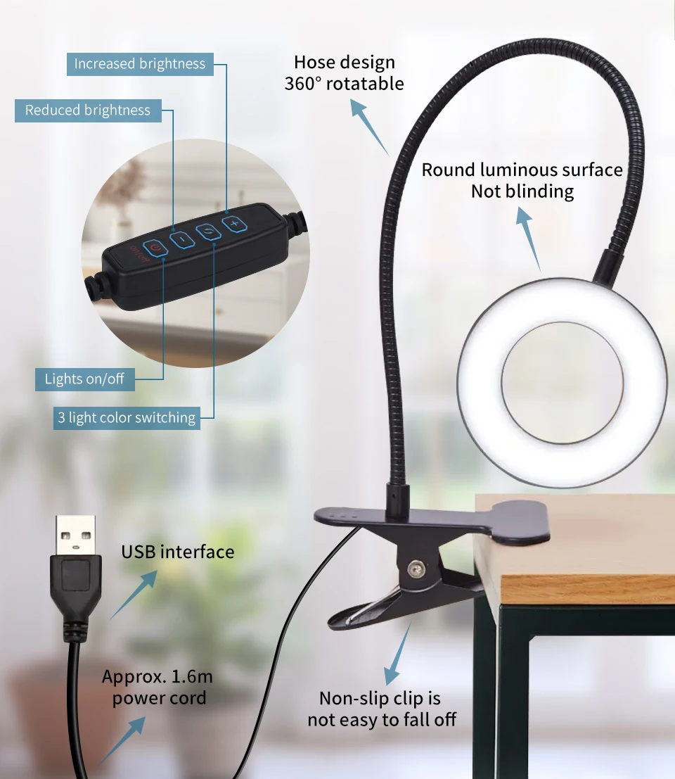 USB Foldable Reading Lamp 48 LEDs Clip on Desk Lamp 360°Flexible Gooseneck Reading Table Light Brightness Adjustable 3 Level