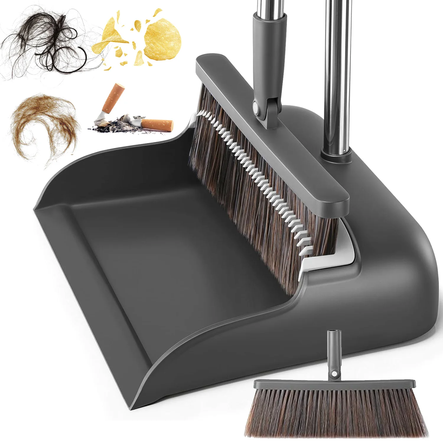 Ensemble balai et pelle vertical peu encombrant avec système de fixation sécurisé ; le balai s'agrippe à la pelle pour un rangement vertical facile – idéal pour s'adapter aux espaces étroits ou aux coins et éviter l'empilage désordonné.