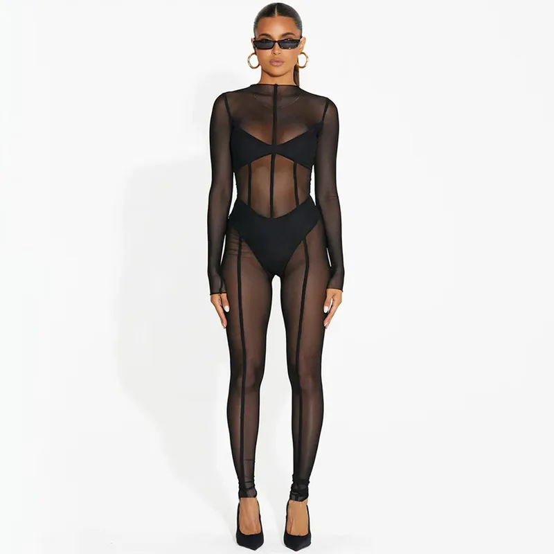 Bangniweigou Long Sleeve Mesh Pants See Through Jumpsuit Women Sexy Cover Up Outfit Black