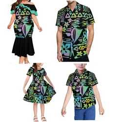 Summer Women'S Off-The-Shoulder Sexy Fishtail Dress Fiji Island Style Men'S Shirt Polynesian Art Print Art Family Party Set