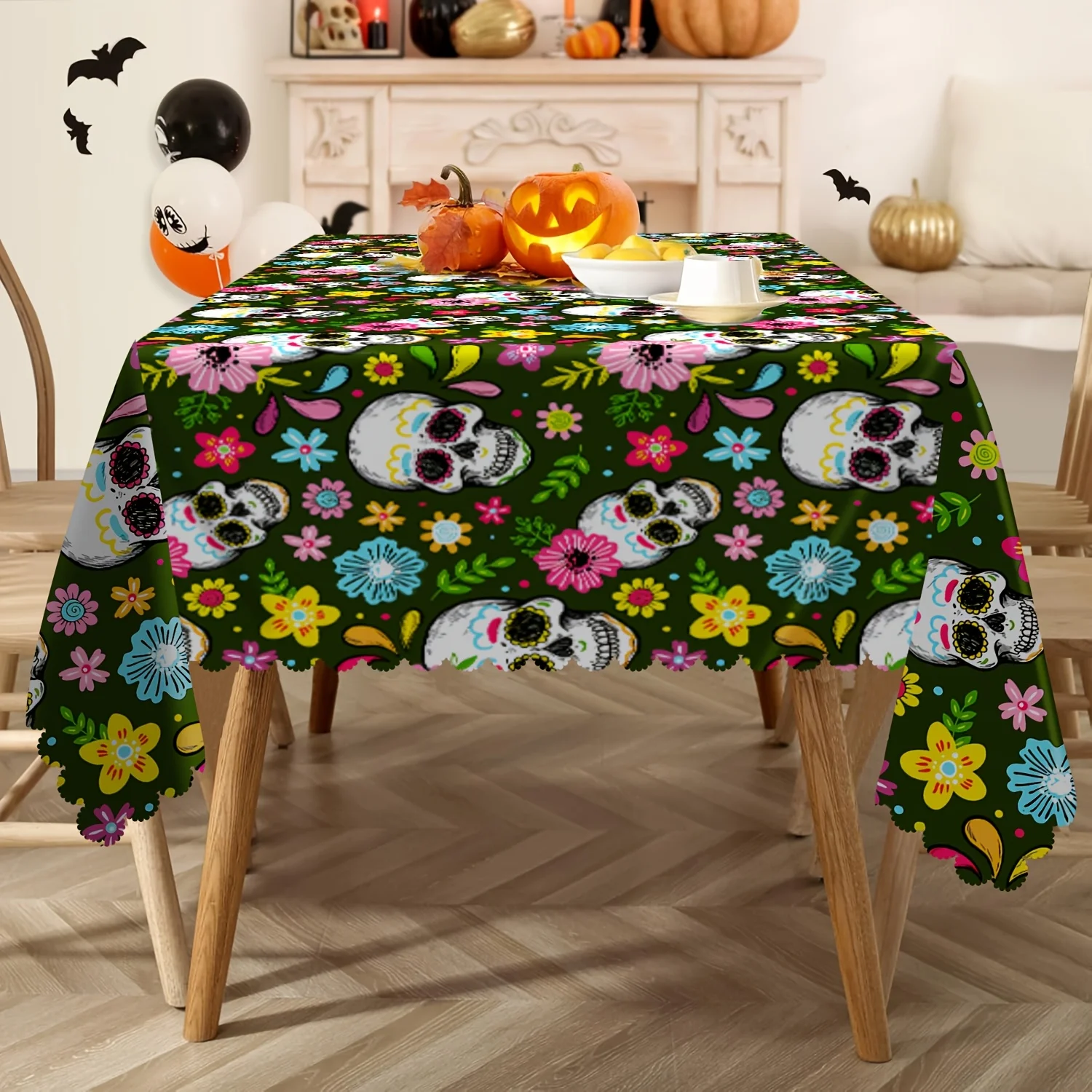 1 piece of colorful Day of the Dead tablecloth, polyester rectangular tablecloth, with colorful skulls and floral designszyc