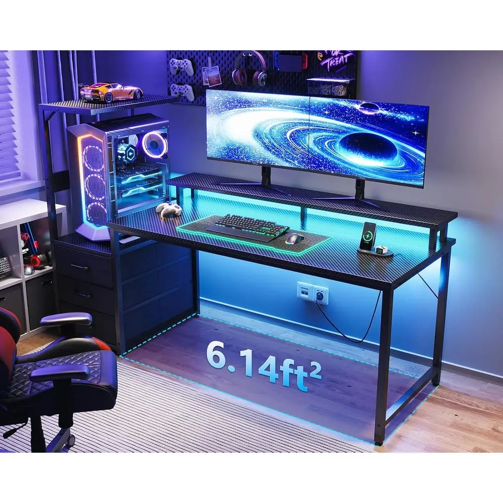 59 Inch Gaming Desk with LED Light- Reversible Computer Desk with Storage Shelves & Monitor Stand, ern Gamer Desk Table with abr