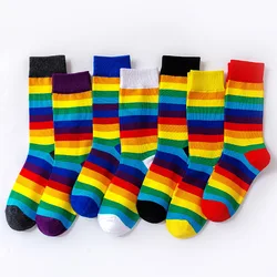 Fashion Cotton Elasticity Sweat Women Long Socks Candy HAPPY Rainbow Striped Spring Girls Crew Lady Harajuku Christmas Lovely