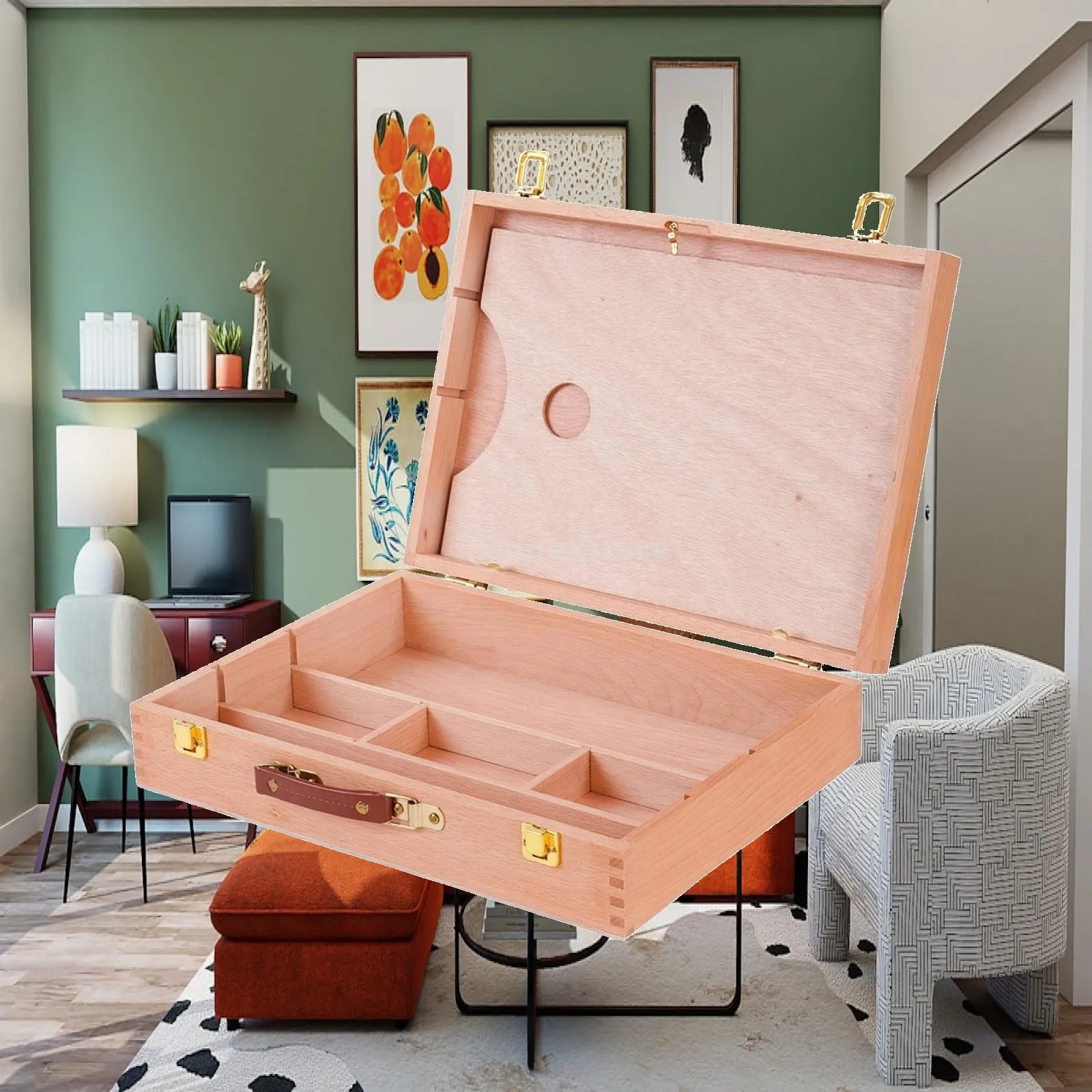 Artist Supply Storage Box Wooden Paint Organizer with Carry Handle for Creative Painting Projects
