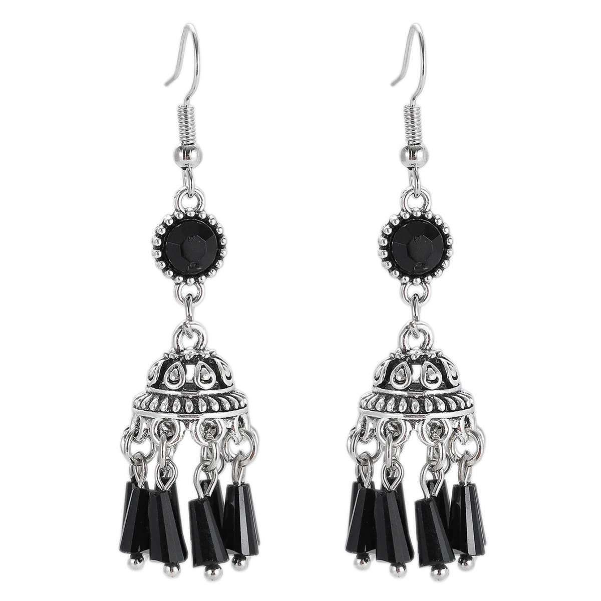 Bohemian Black Crystal Tassel Earrings for Women Long Hanging Earrings Ethnic Bell Pendants Jewelry Pendientes Mujer