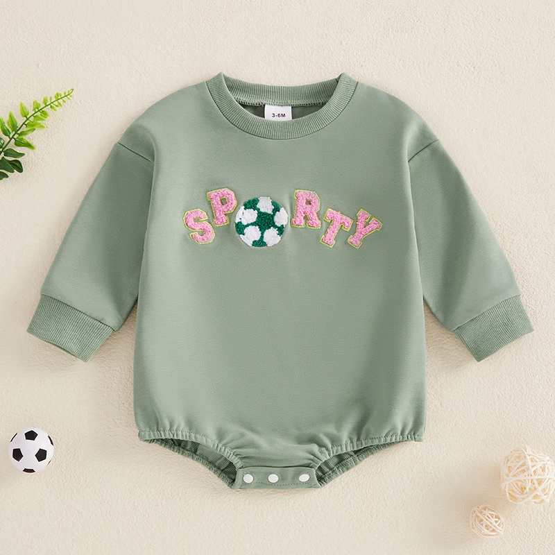 Baby Sweatshirt Romper Soccer Letter Embroidered Long Sleeve Round Neck Adorable Spring Jumpsuits