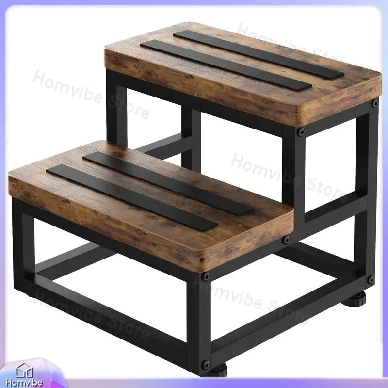 Solid Wood Wrought Iron Step Stool 2 Tier Folding Ladder Chair Non Slip Bathroom Kitchen Footstool Heightening Sturdy Home