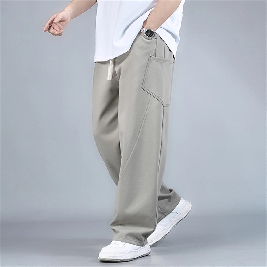Solid Color Straight Pants Men 7XL Plus Size Pants Male Baggy Pants Elastic Waist Trousers Black