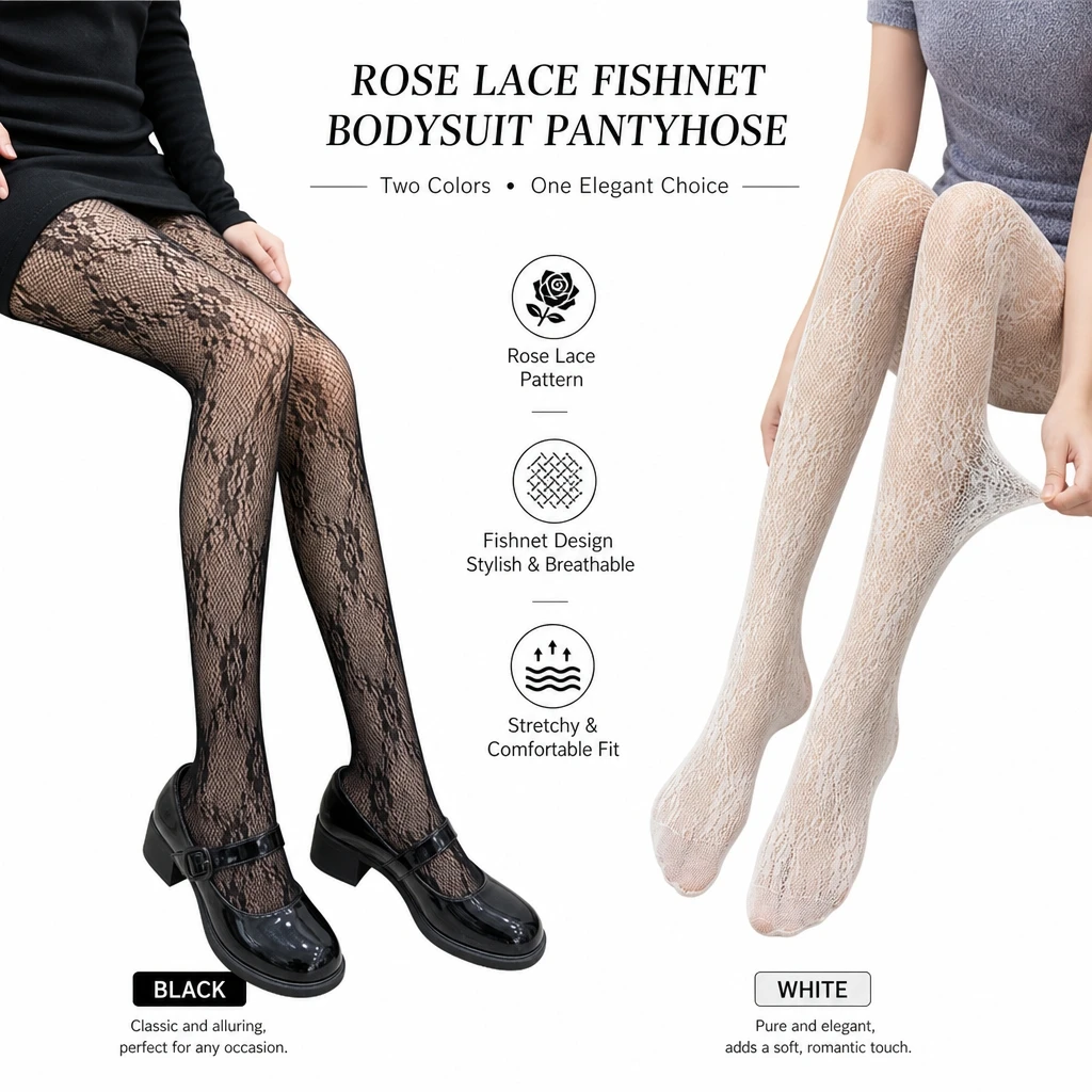 Elegant Women Rose Lace Fishnet Pantyhose Soft Breathable High Elastic Hollow Tights Fashion Stockings For Dating Party Outfit