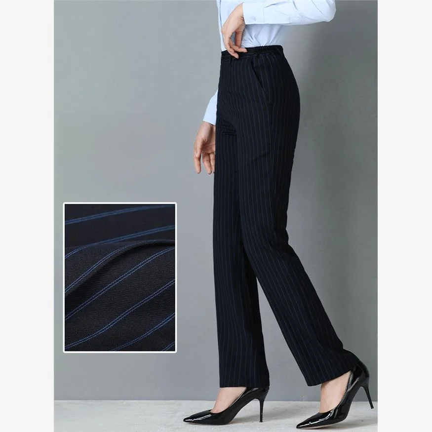 

Blue Striped Professional Women's Straight Leg Trousers Spring Summer Workwear Pants mid Waist Cotton Blend Fabric