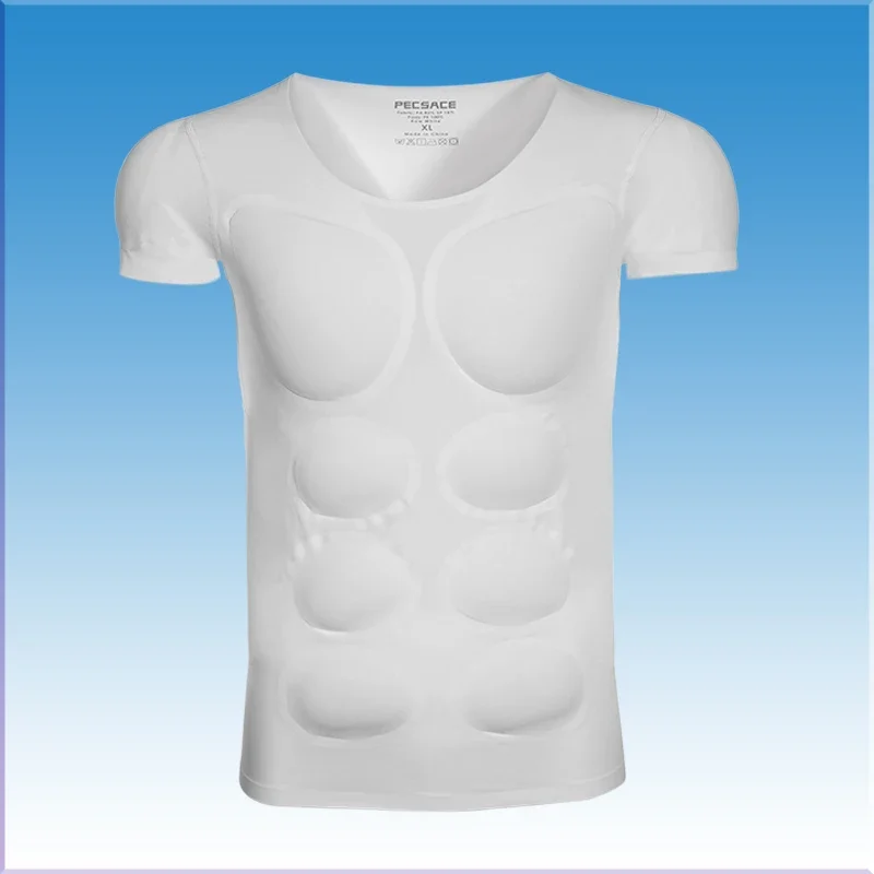 Man Fake Muscle Body Shaper Chest Sponge T-Shirt Cosplay Invisible Abdominal Arm Pad Top Underwear Fitness Suit for Model Party