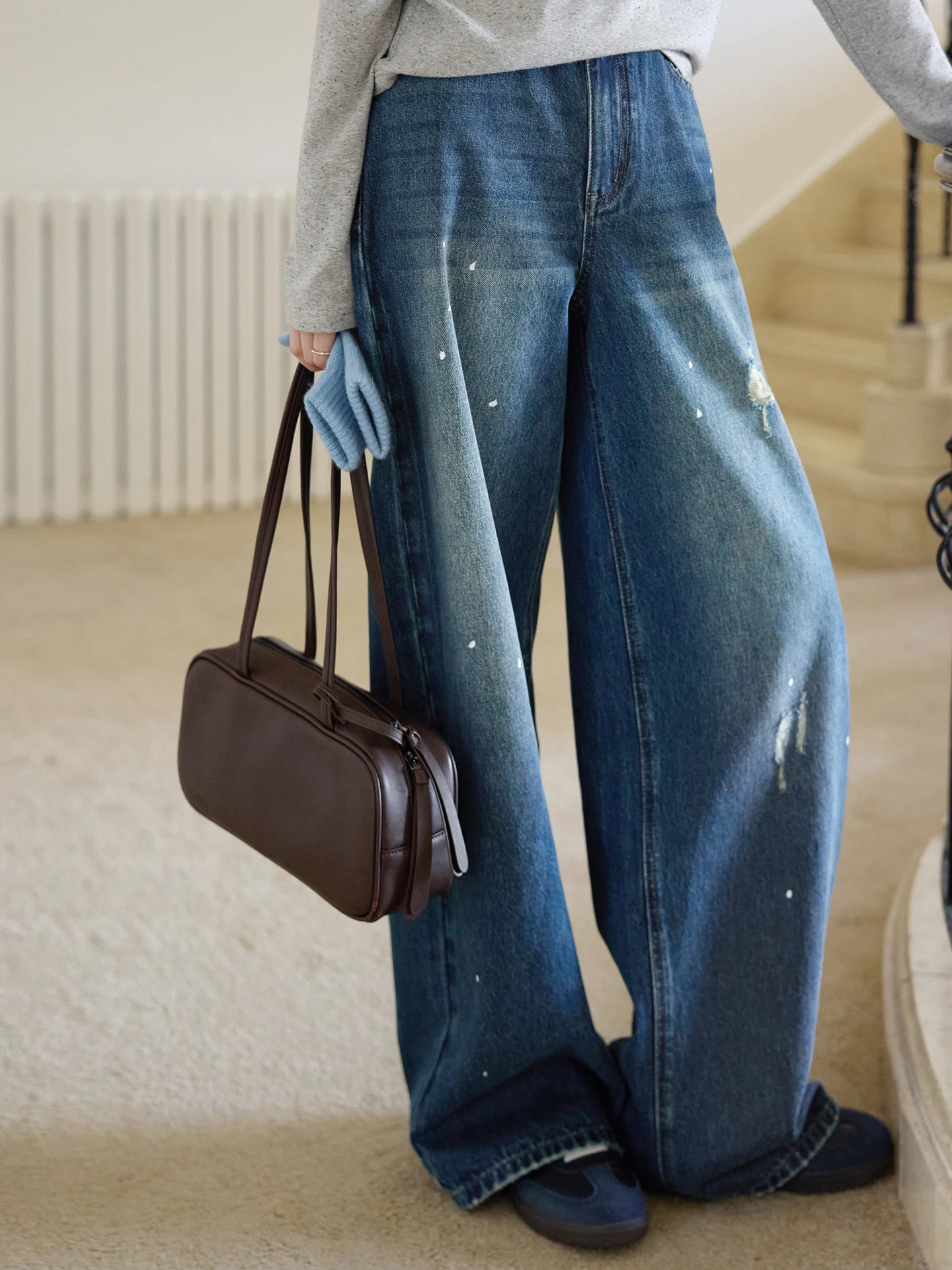 

Прямые широкие джинсы с высокой талией и широкими штанинами, повседневные, однотонные, зимняя коллекция, женские свободные джинсовые брюки