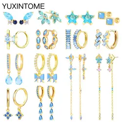 925 Sterling Silver Needle Light Blue Zircon Stud Earrings for Women Fashion Blue Enamel Pendant Earrings Luxury Jewelry Gifts
