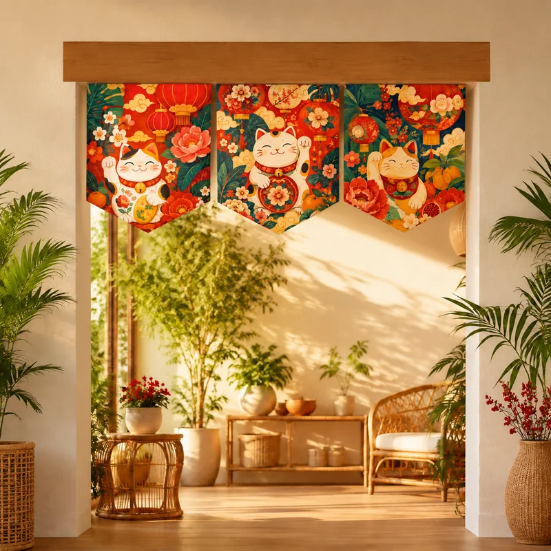 Maneki Neko Lucky Cat Door Curtain Japanese Style Entrance Hanging Door Cover for Izakaya Restaurant Tea House Home Window Decor