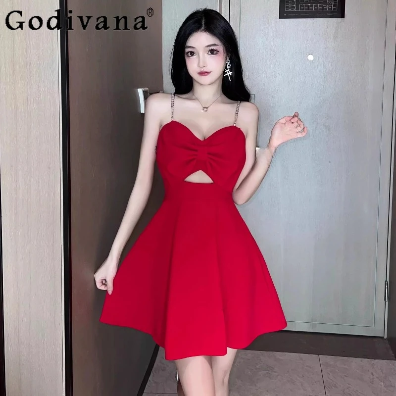 

Large Size Sexy V-neck Sweet Bow Hollow Backless Suspender Big Swing Dress Summer New High Waist Fashion Korean Short Dresses
