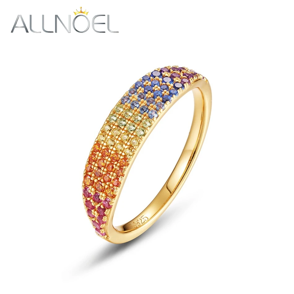 

ALLNOEL 925 Sterling Silver Rings for Women Colorful Zircon Gradient Rainbow Gemstone Gold Plated Vintage Trendy Fine Jewelry