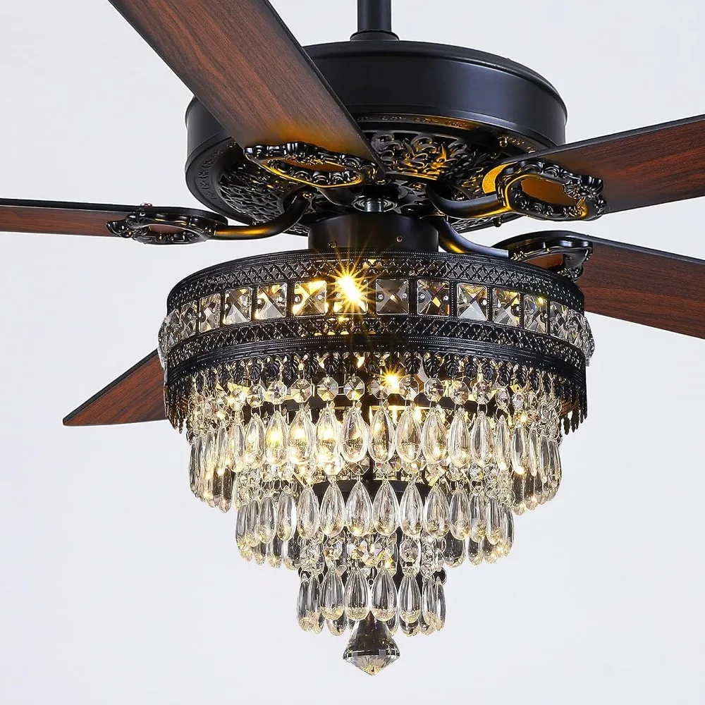 Crystal Ceiling Fan Fandelier with Lights - Modern Outdoor Fans with Remote Control，Noiseless AC Motor, Retro/Farmhouse