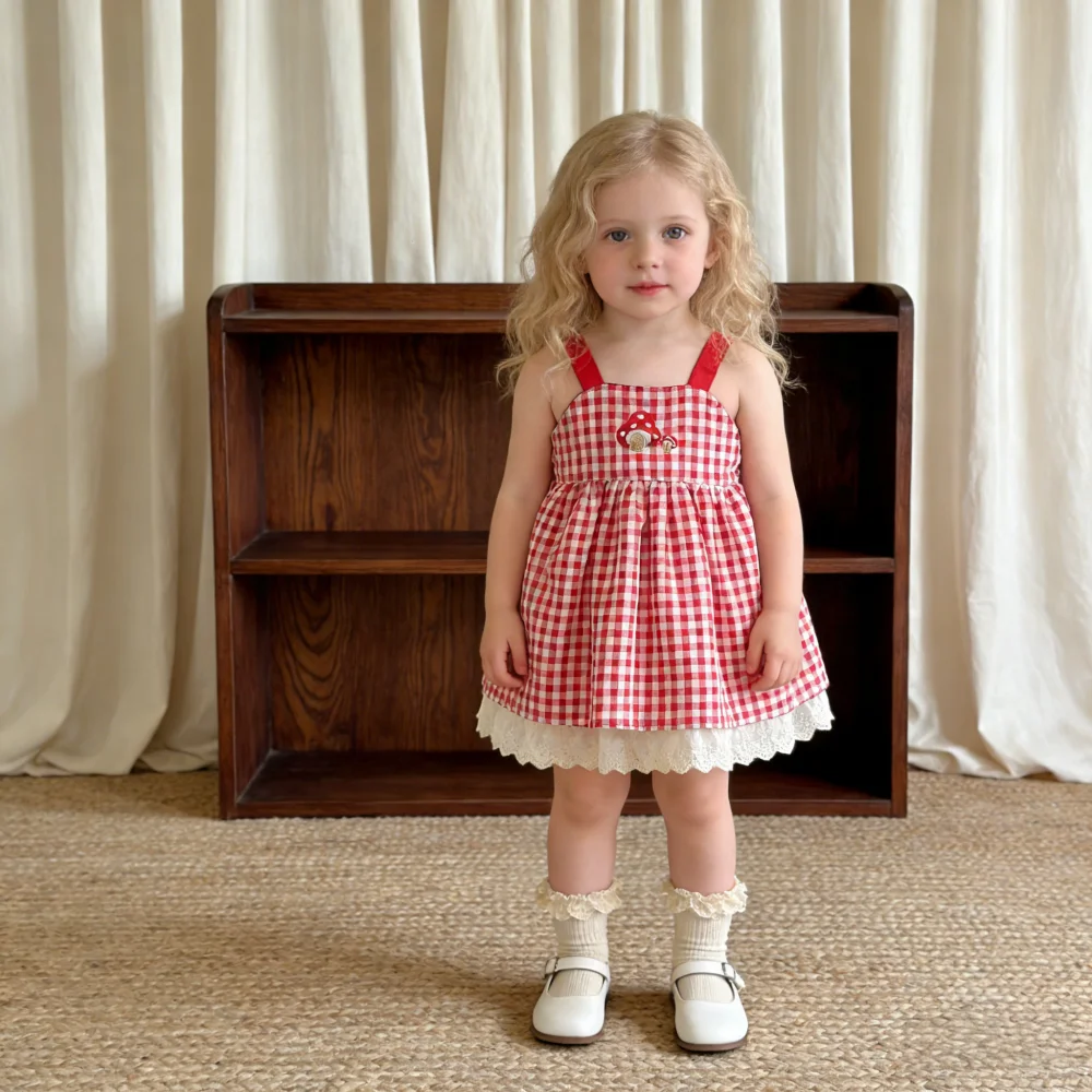 

Летнее платье для девочки в клетку из хлопка на бретельках, милое пляжное платье с мультяшным принтом