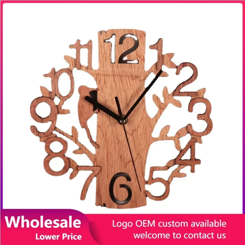 

3D Wall Clock 23cm Dia Creative Tree Shaped with Bird Wooden Wall Clock Home Kitchen Office Decoration Number Silent Clock