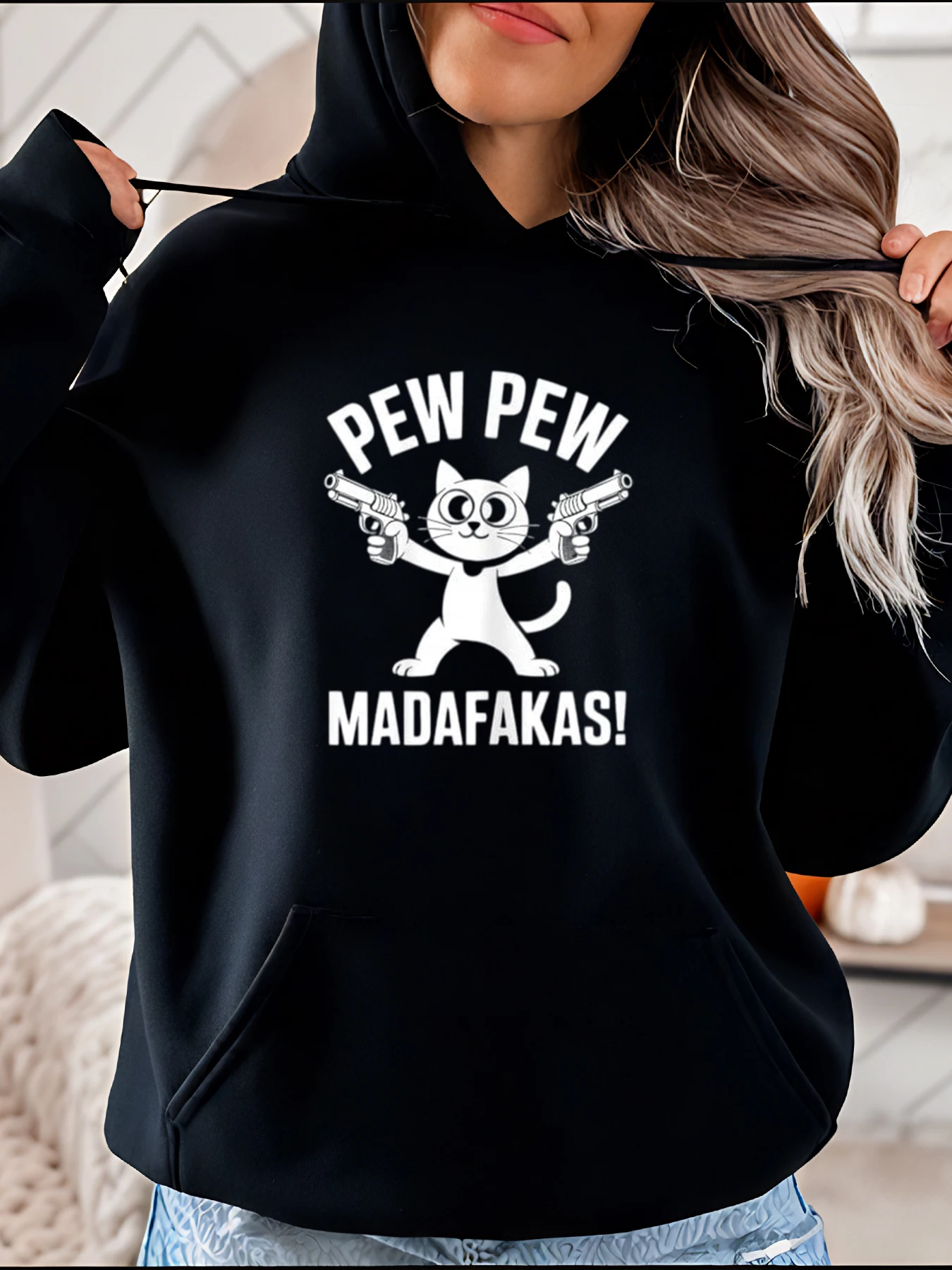 

Cat Pew Pew Madafakas Print Hoodie Casual Cartoon Graphic Sweatshirt Women Streetwear Fashion Unisex Outfit