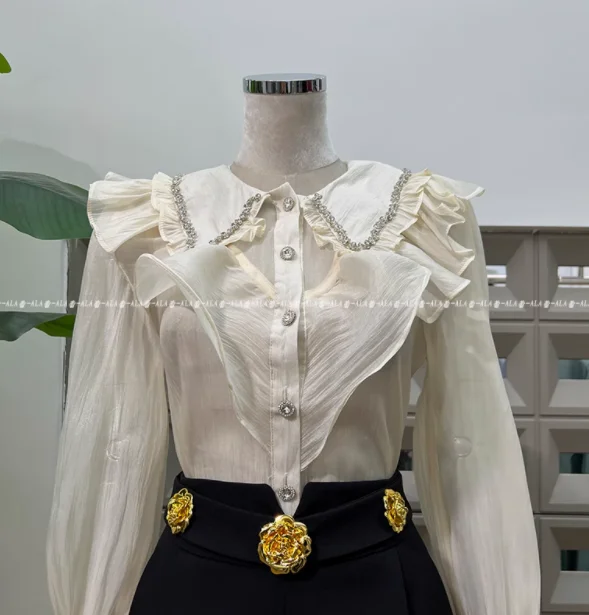 2025 Early Spring Women's Light Luxury Diamond Lotus Leaf Edge Shirt High Waist Gold Flower Suit Shorts Women's Chic Shorts Sets