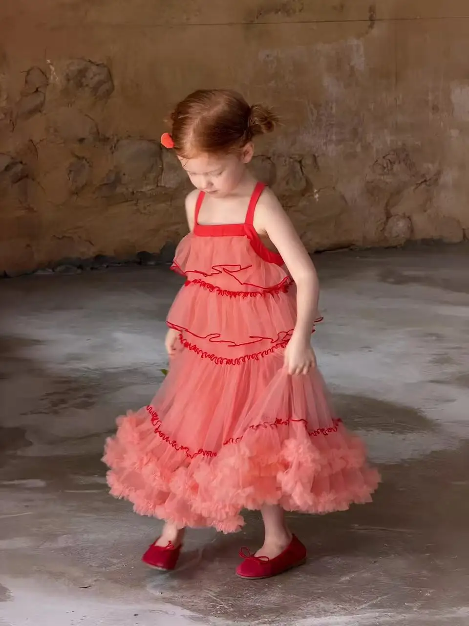 

2026 New Arrival Toddler Girl Korean Fashion Red Mesh Gown Voluminous Puffy Skirt Children Cute Princess Outfit for 90-150cm