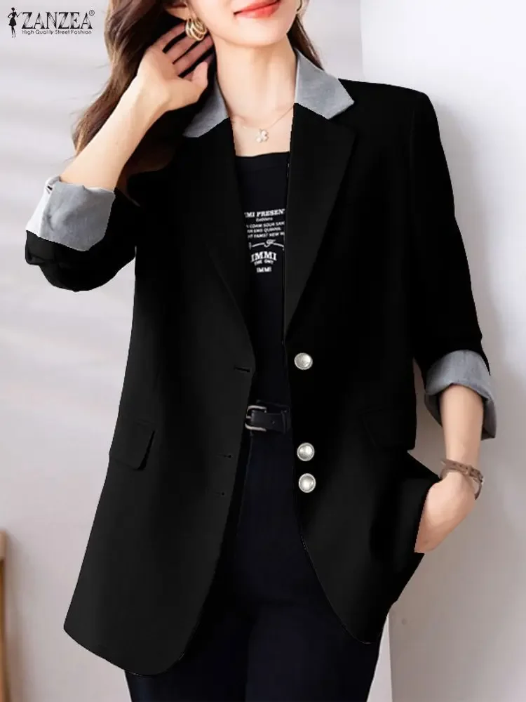 Mulheres elegantes blazer jaquetas zanzea 2025 outono retalhos blazer outwear elegante casual lapela pescoço manga longa casacos de trabalho de escritório