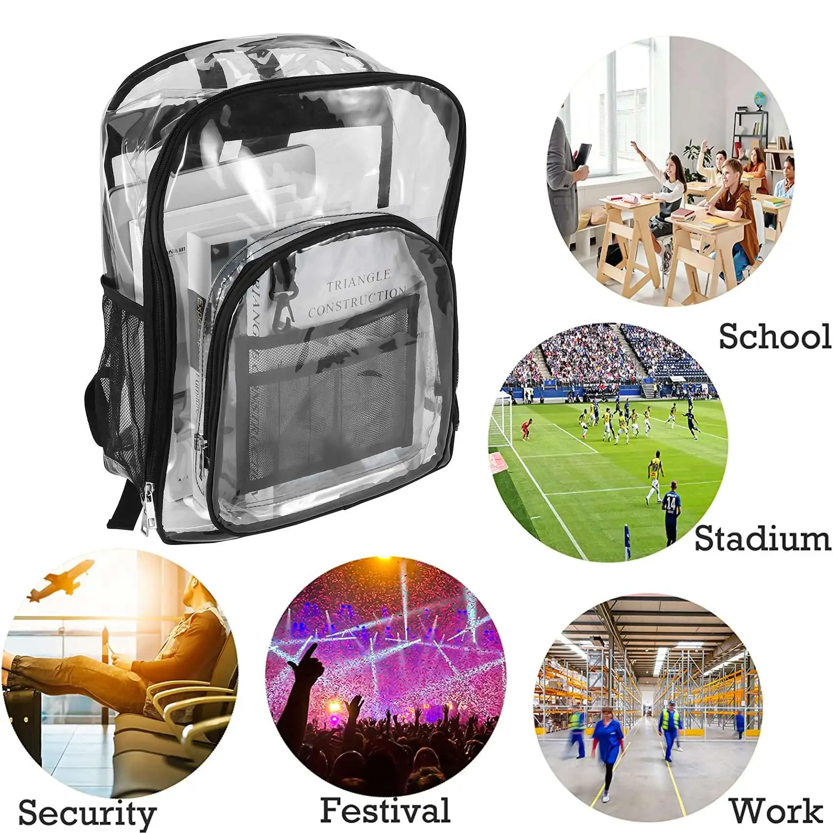 FZFZ 頑丈なクリアバックパック、セキュリティ透明スクールバックパック、仕事、セキュリティチェック、旅行用のシースルーブックバッグ