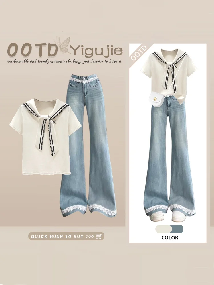

Gentle Breeze Navy Collar T-Shirt Lace Denim Flared Pants Women Summer College Style Two-Piece Set Short Sleeve Pure Color Top