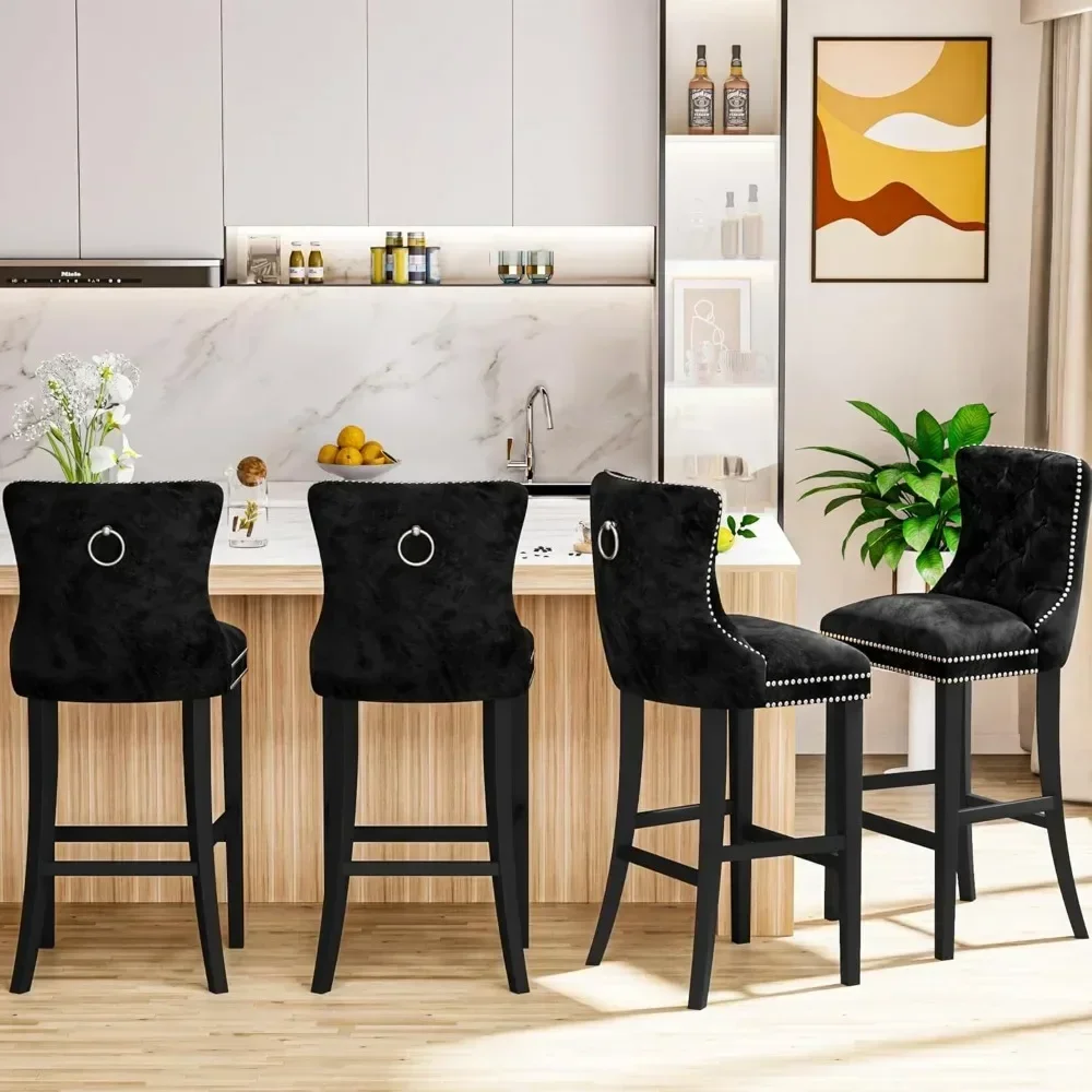 

27''H Counter Height Bar Stools Set of 4, Velvet Tufted High Bar Stools with Back and Footrest, Upholstered Bar Tall Chairs