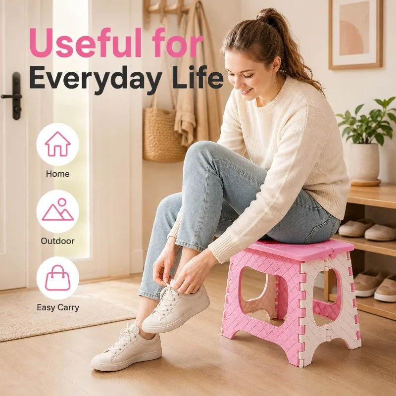 Portable Plastic Folding Stool with Carry Handle Thickened PP Anti-Slip Step Seat Compact Chair for Adults Kids Camping Home
