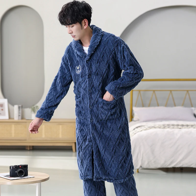 Winter Coral Velvet Men Sleepwear Button Cardigan Robes + Pants Thicken Flannel Bathrobe Male Long Sleeve Kimono Warm Home Wear