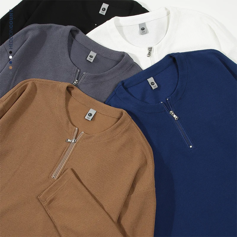 

2025 Men's Waffle Long Sleeve Half Zipper T-shirt Loose New Autumn Split American Trendy Brand Top