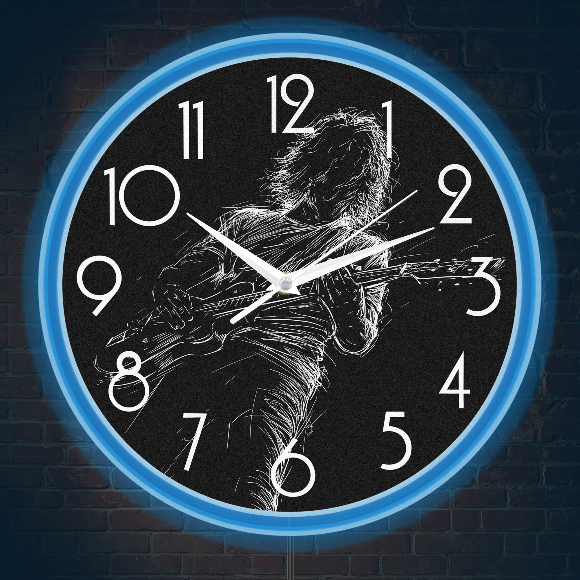 Rock Band Guitarist Line Drawing Neon Wall Clock Glow in Dark Guitar Player Music Studio Illuminated Sign Night Light Wall Clock