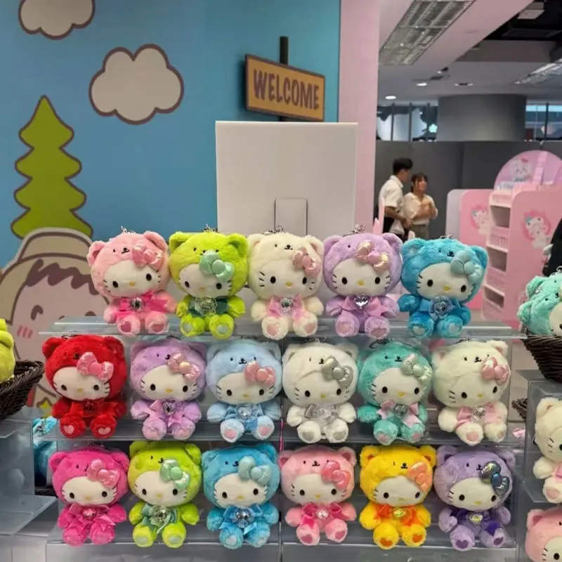 Llaveros de peluche de Hello Kitty, serie de cumpleaños de arcoíris, peluches coloridos, colgante relleno, gema, lazo, llaveros de peluche de gatito, cumpleaños g