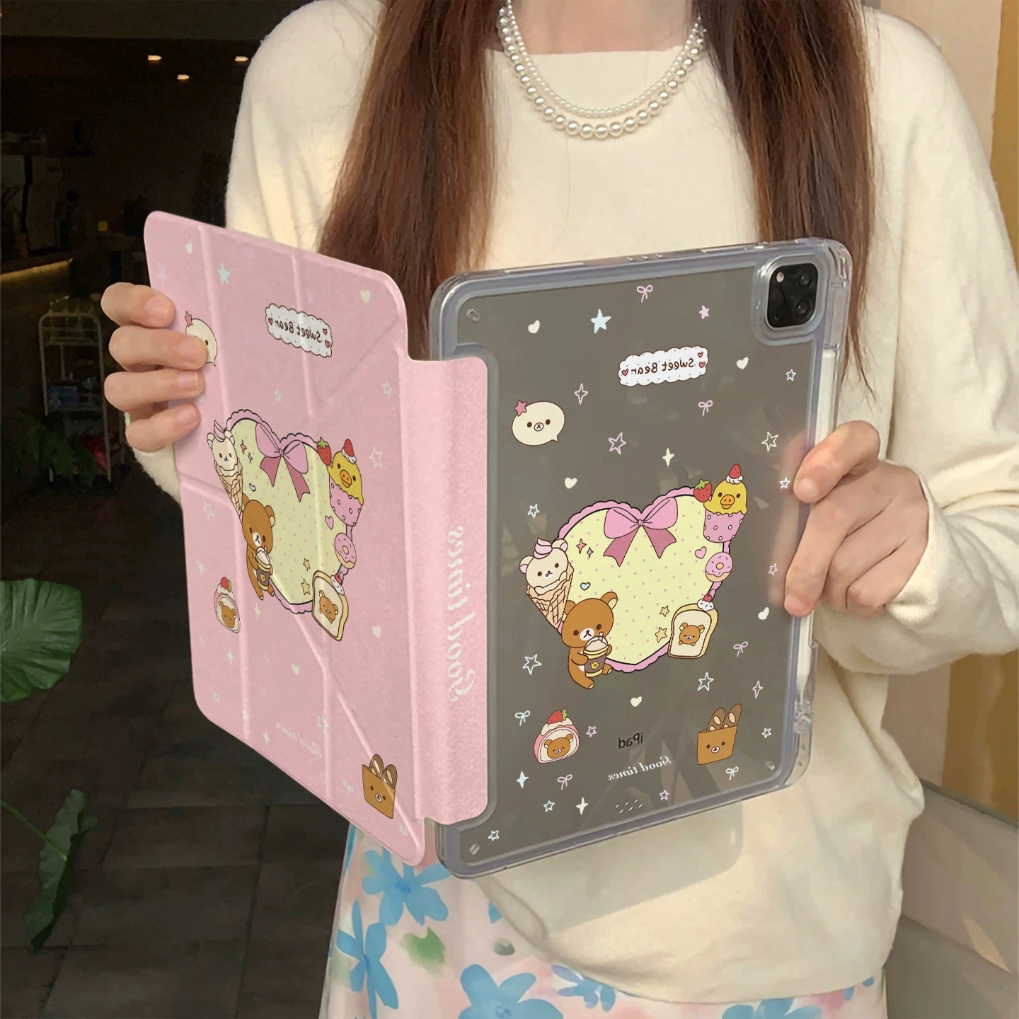 Heart-Shaped Rilakkuma 3+Y-fold Tablet Case for Samsung GalaxyTab/Redmi/Lenovo/ IPad/HONOR MagicPad/OPPO/ONE PLUS/HUAWEIMATEOAD