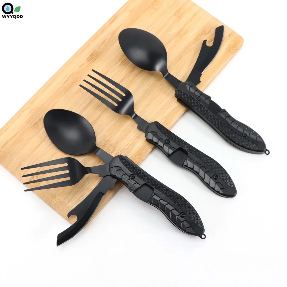 

2PCS Stainless Steel Spoon Fork Knife Bottle Opener 4-in-1 Combo Utensil,Detachable Foldable Cutlery Set for Backpacking Hiking