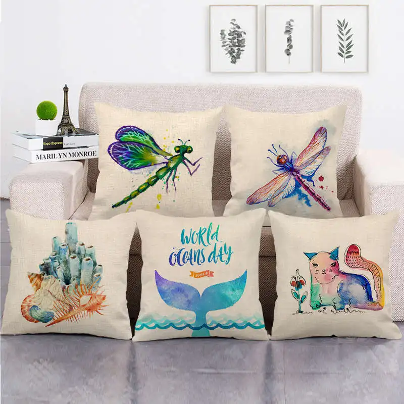 

Watercolor Painting Linen Pillowcase Kawaii Animal 45x45 Square Pillow Case Home Decor Sofa Bed Pillow Cover Room Aesthetics