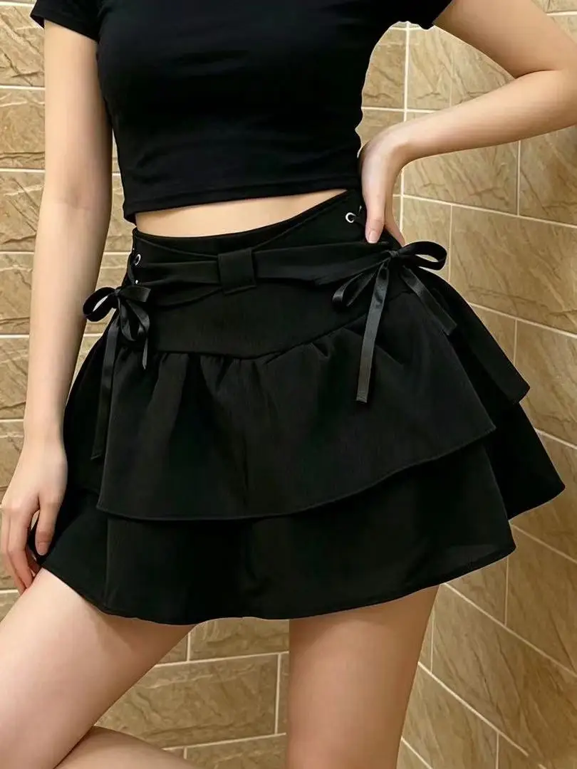 Y2K Spicy Girl Black Bowknot Pleated Cake Skirt Women's  A-Line Half-length Design Sensation Short Skirt with Lace Trim