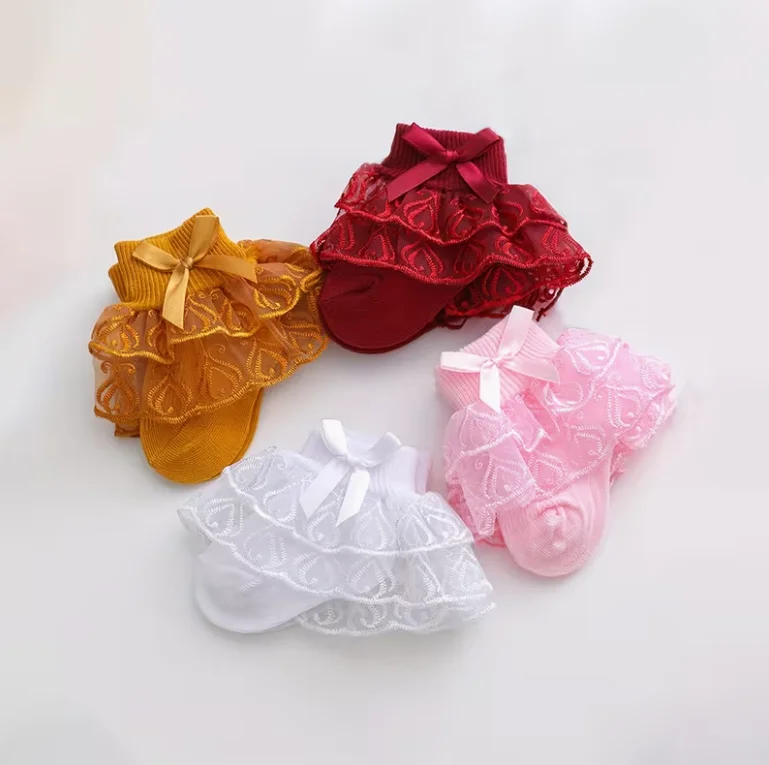 0-2Y Girls' Knitted Lace Short Socks with Ruffled Edges & Bow Decoration - Soft Breathable Baby Girl Socks Birthday Party