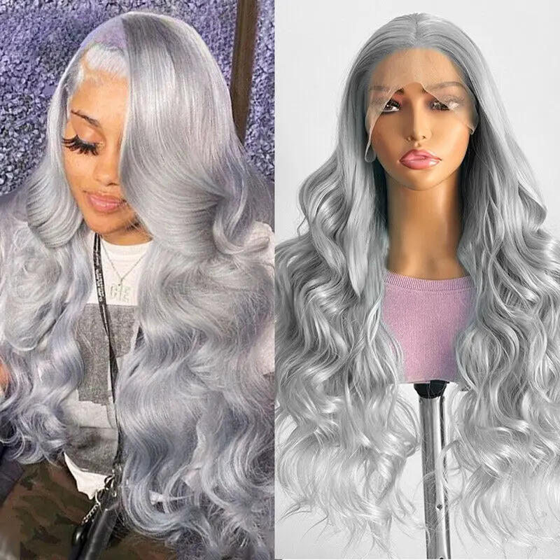 

Silver Grey Long Body Wave Synthetic Lace Front Wig Cosplay Daily Wigs Queen Wig