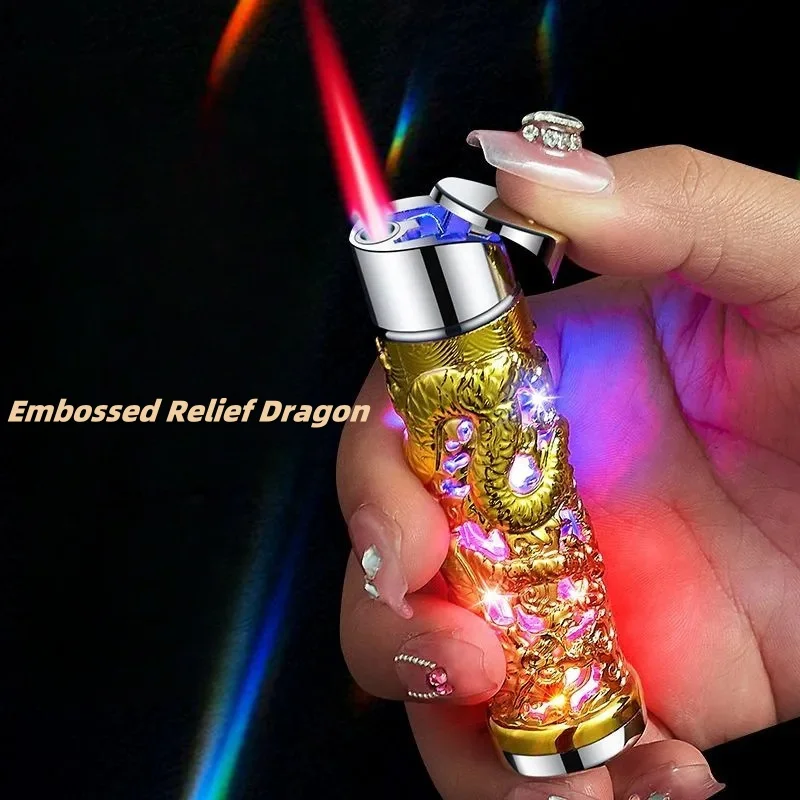 Metal 3D Embossed Relief Dragon Design Torch Lighter Refillable Butane Windproof Jet Red Flame Lighter for Gifts