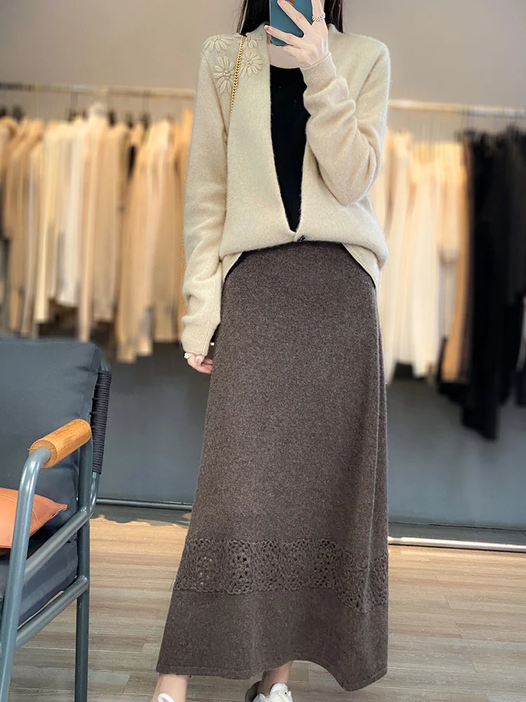 Autumn Winter New Crocheted Cashmere Knit Skirts Women Mid-Length Elastic High Waist Hip Skirt Fashion Warm Hollowed-out A Skirt