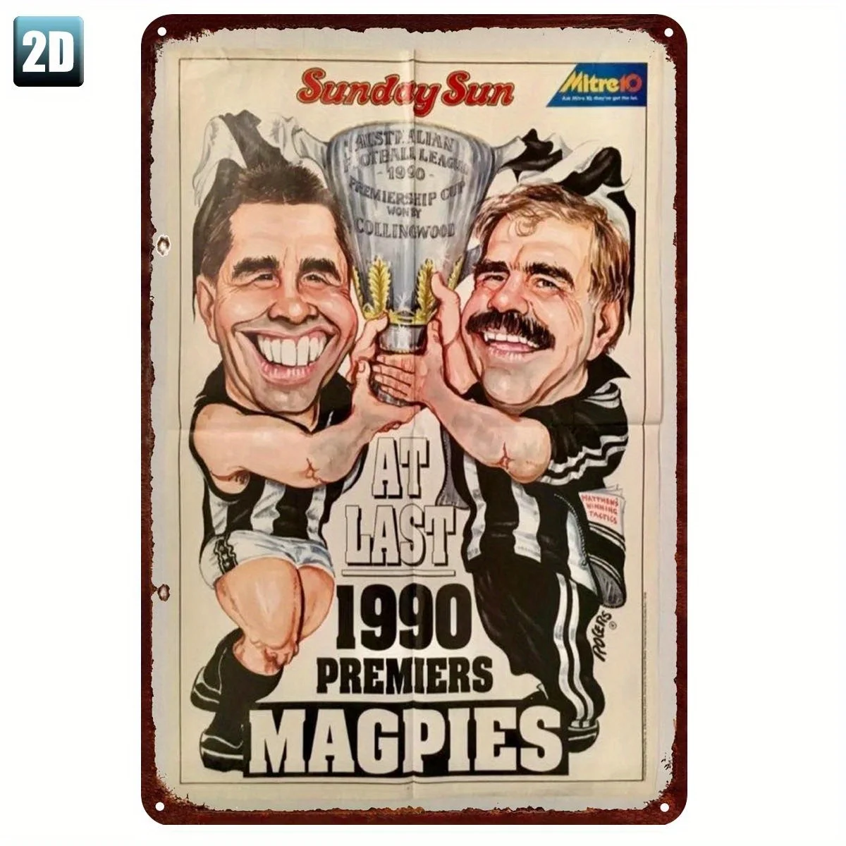1990 Collingwood Magpies AFL Premiership Letrero de metal - Sunday Sun Trophy Victory Wall Art, decoración deportiva retro para hombre cueva, bar