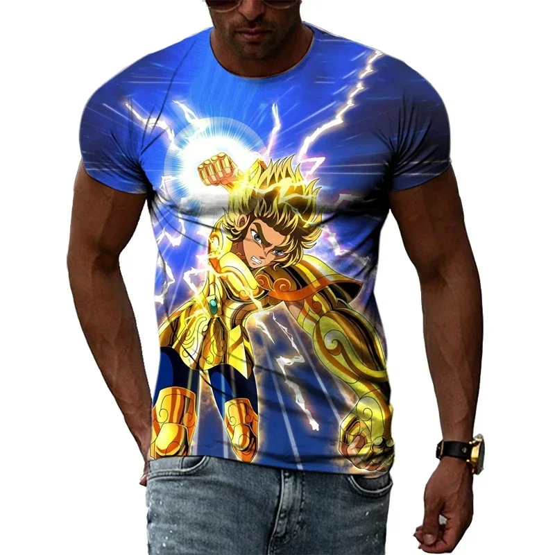 Summer Golden Warrior Saint Seiya Animated 3D Printed T-shirt Men\'s and Women\'s O-collar Short-sleeved Casual Sport Loose T-shir