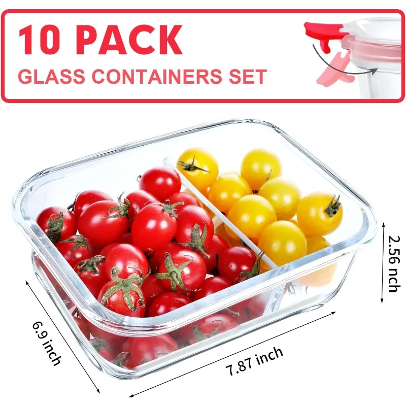 10 Pack Glass Meal Prep Containers 2 Compartment Set, 36OZ Airtight Glass Lunch Containers, Glass Food Storage Containers